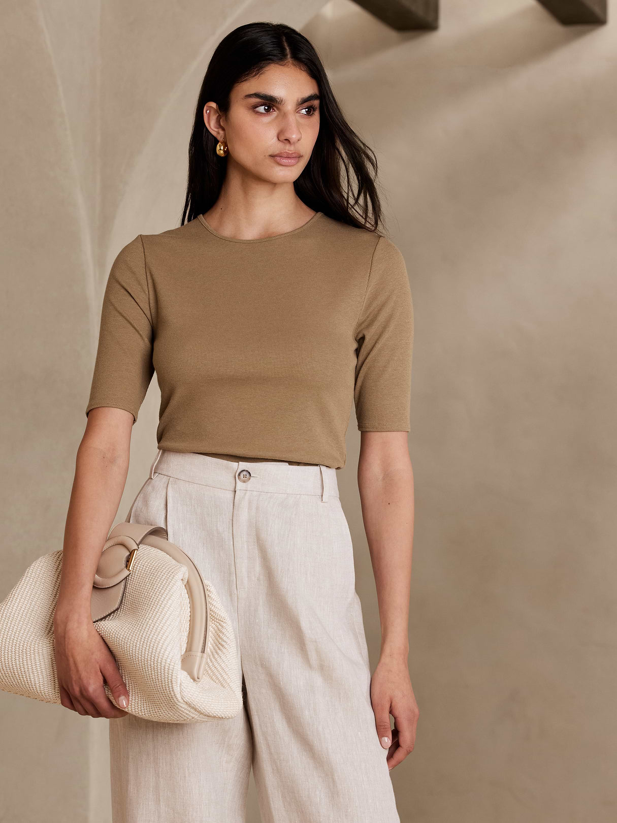 Ribbed Elbow-Sleeve T-Shirt - Whiskey Brown