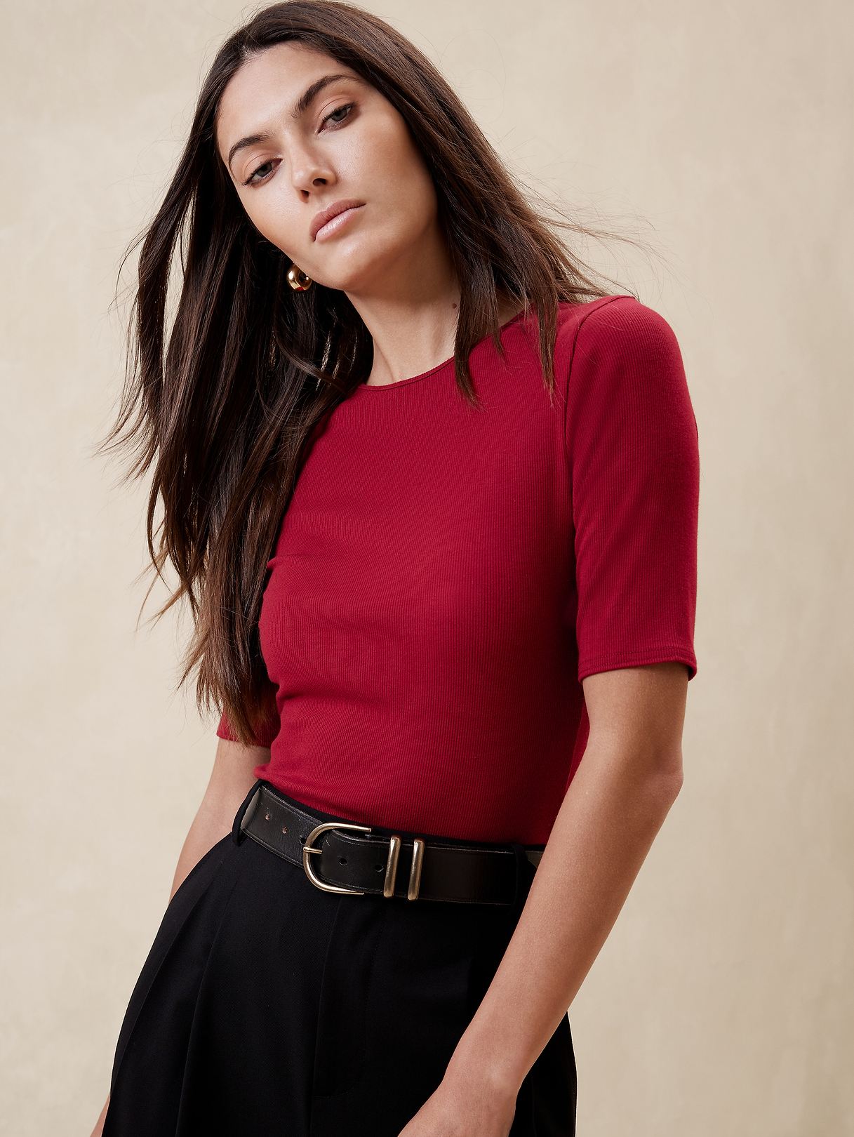 Ribbed Elbow-Sleeve T-Shirt - Winterberry Red