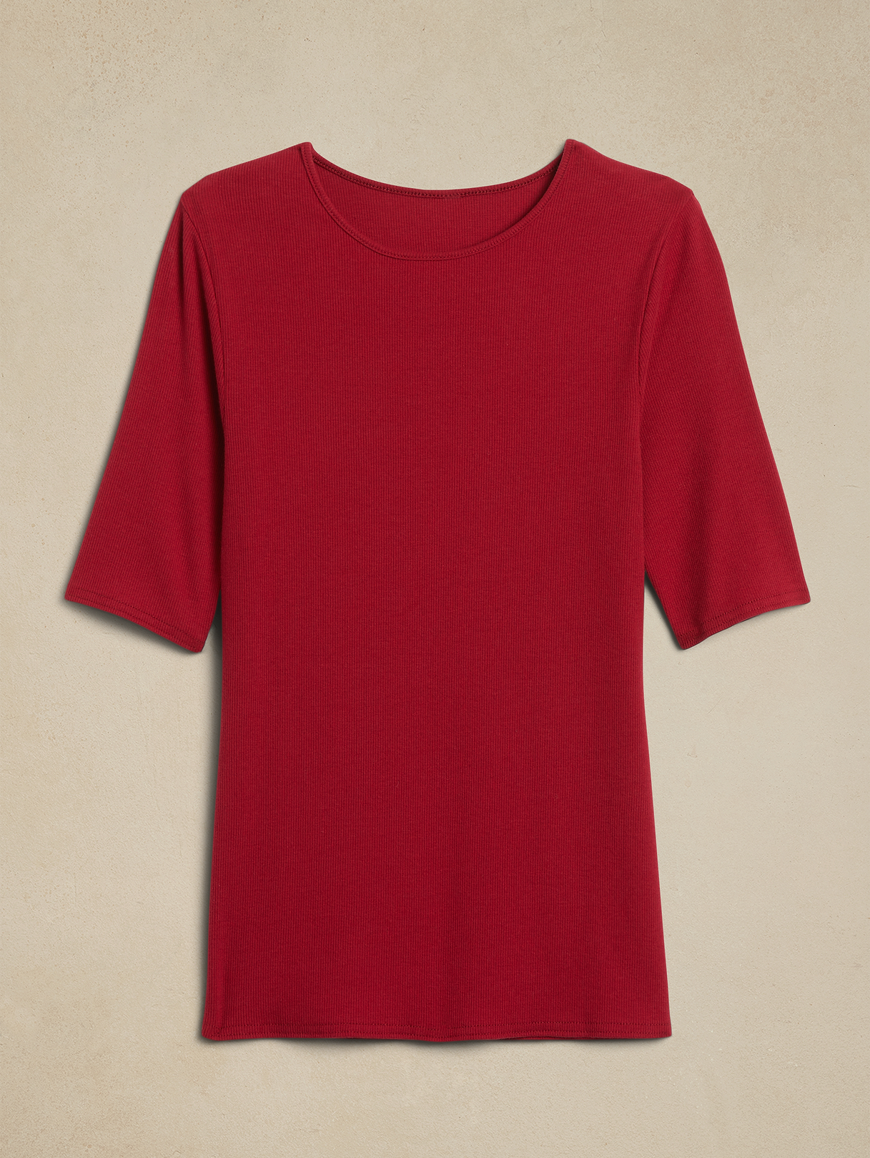 Ribbed Elbow-Sleeve T-Shirt - Winterberry Red