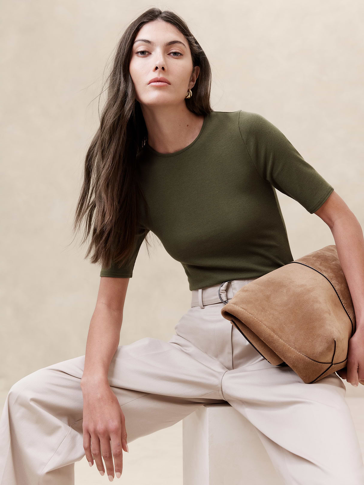 Ribbed Elbow-Sleeve T-Shirt - Spiced Olive Green