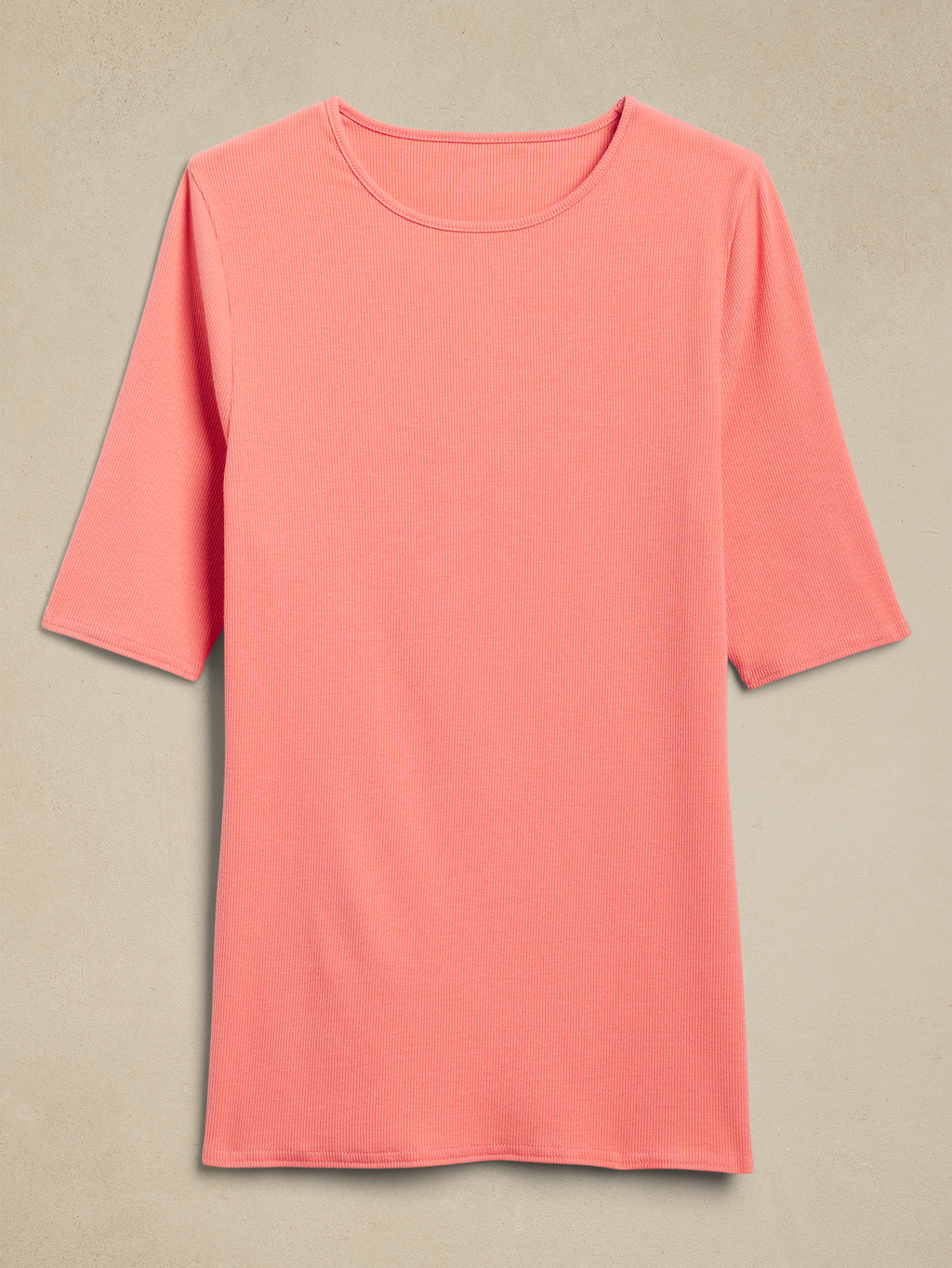 Ribbed Elbow-Sleeve T-Shirt - Pink Papaya