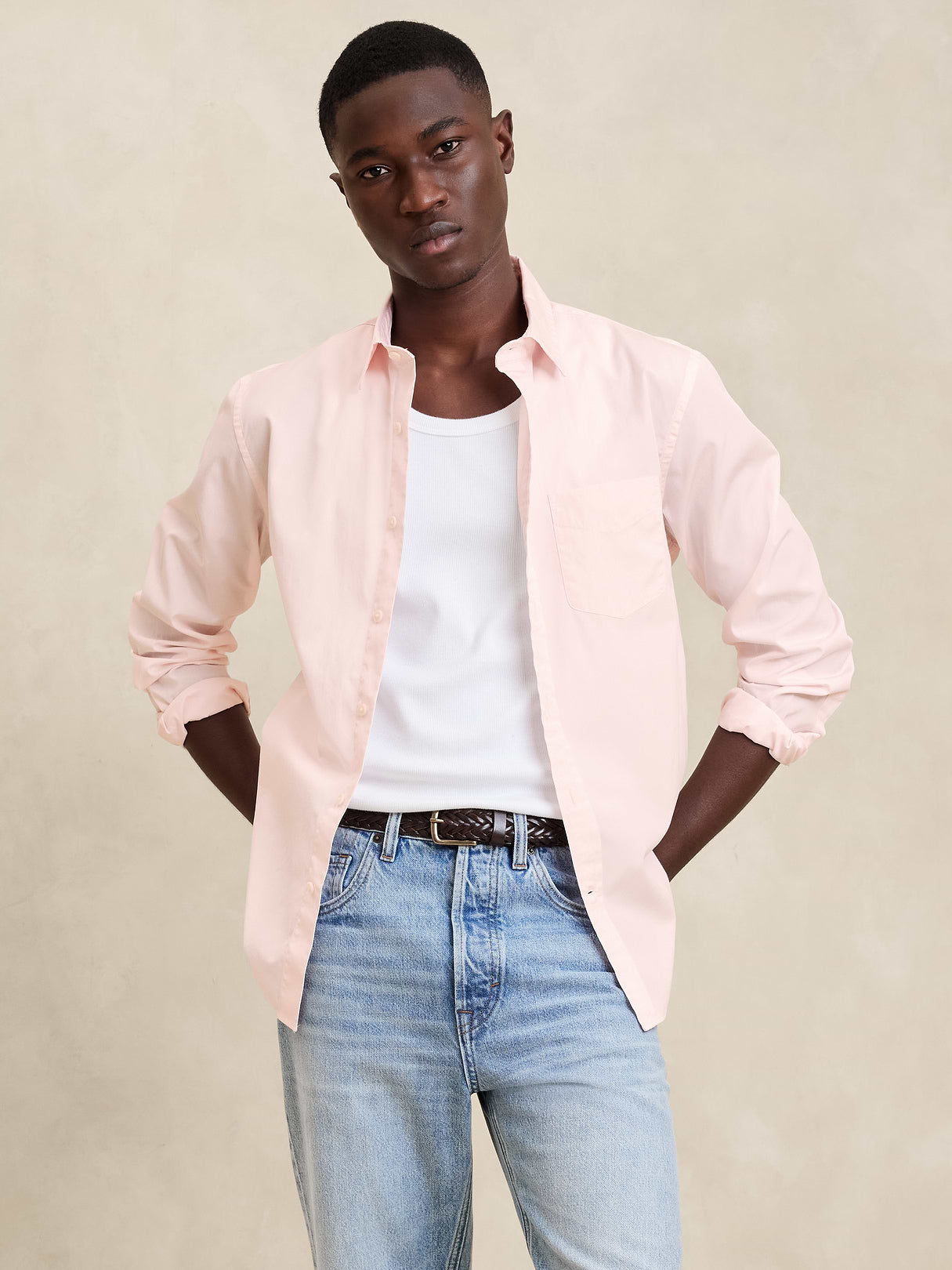 Standard-Fit Washed Cotton Poplin Shirt - Light Pink
