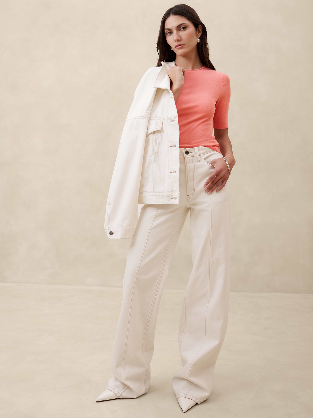 Ribbed Elbow-Sleeve T-Shirt - Pink Papaya