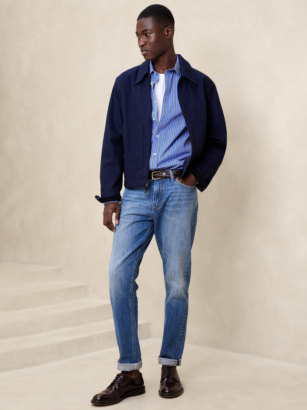 Standard-Fit Washed Cotton Poplin Shirt - Bold Blue Stripe