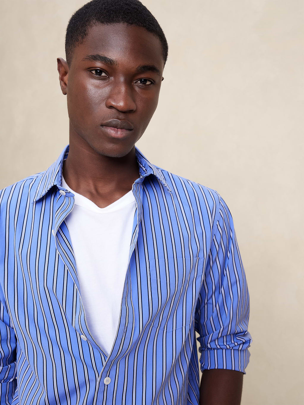 Standard-Fit Washed Cotton Poplin Shirt - Bold Blue Stripe