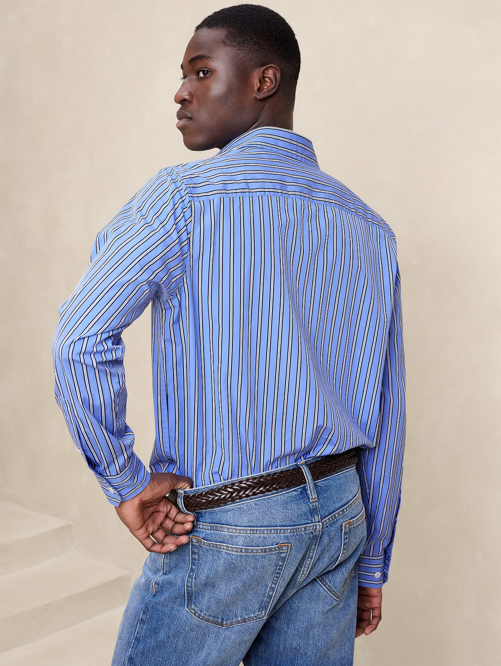 Standard-Fit Washed Cotton Poplin Shirt - Bold Blue Stripe