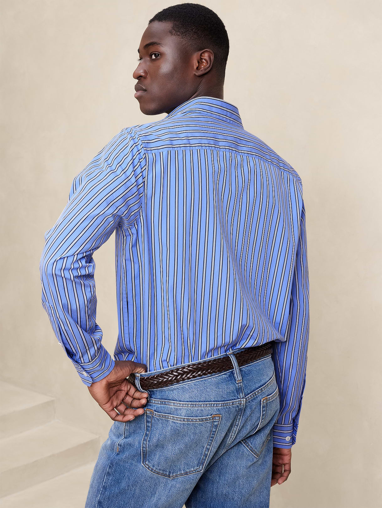 Standard-Fit Washed Cotton Poplin Shirt - Bold Blue Stripe