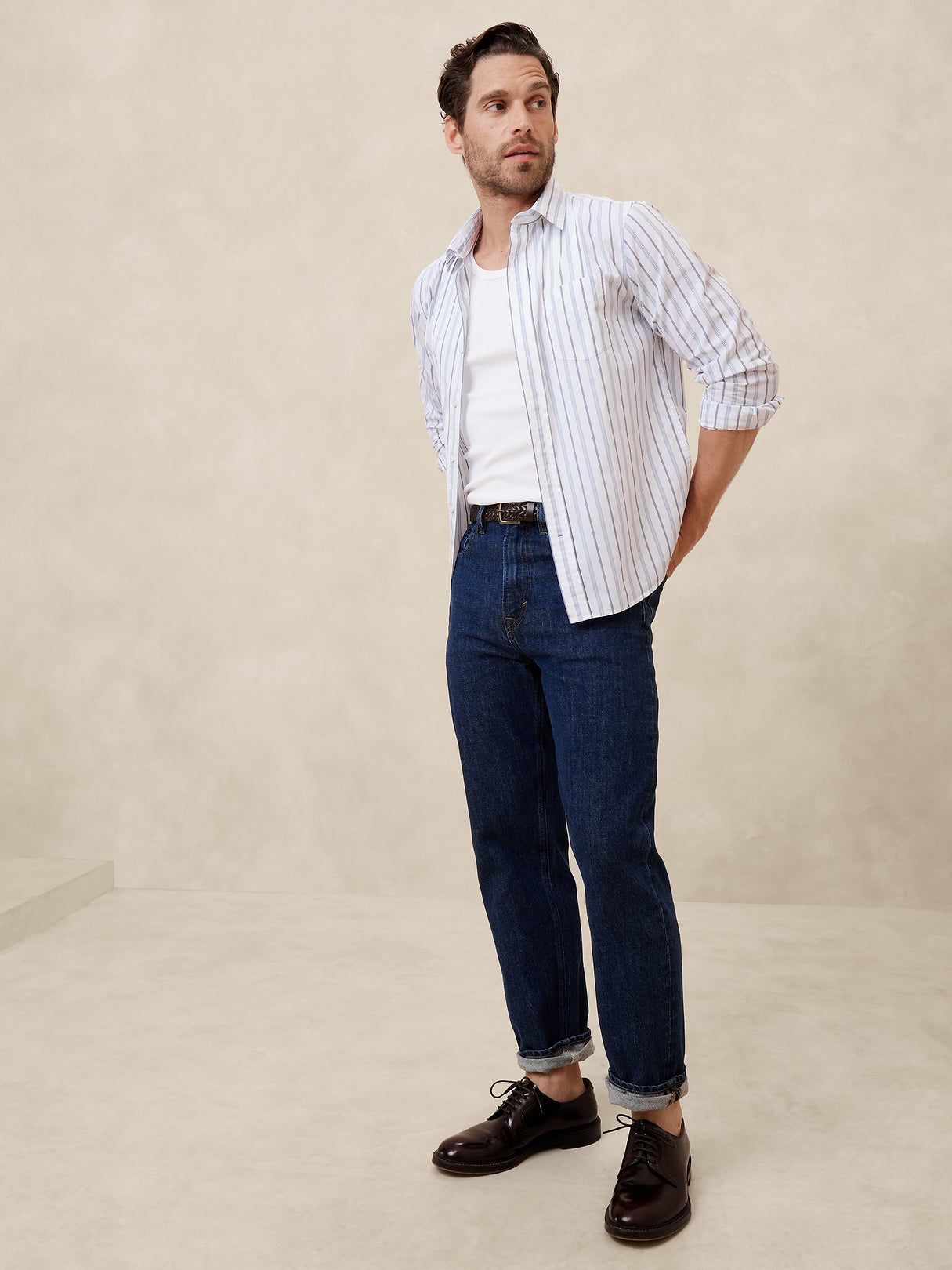 Standard-Fit Washed Cotton Poplin Shirt - White & Navy Blue Stripe