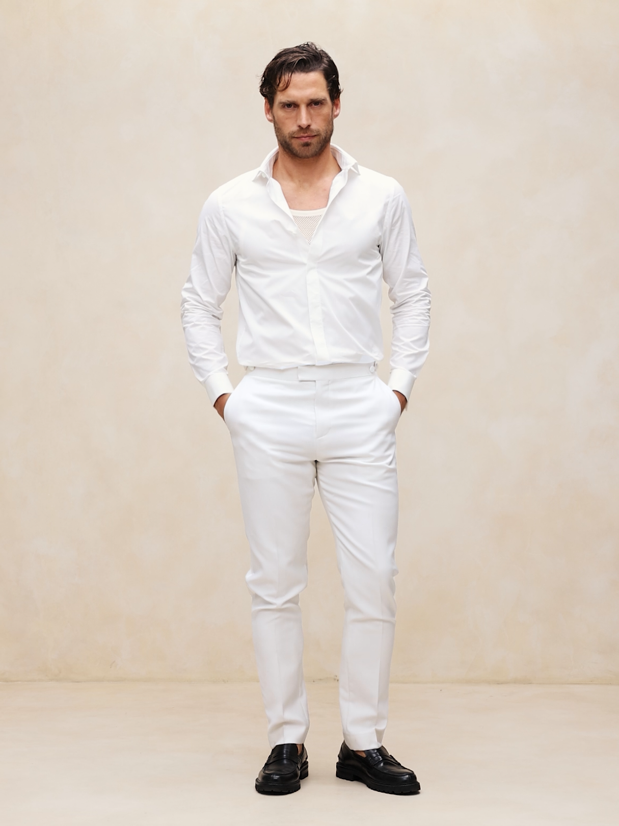 Slim-Fit Cotton Poplin Tuxedo Shirt with Cutaway Collar - White