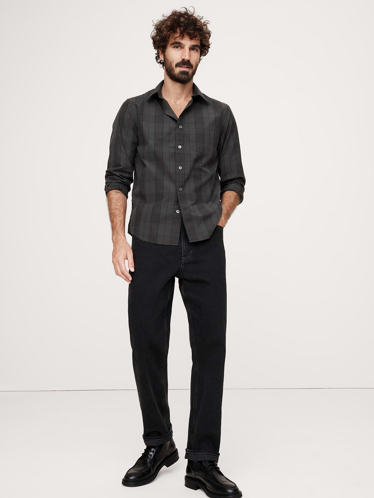 Standard-Fit Washed Cotton Poplin Shirt - Charcoal Gray Plaid