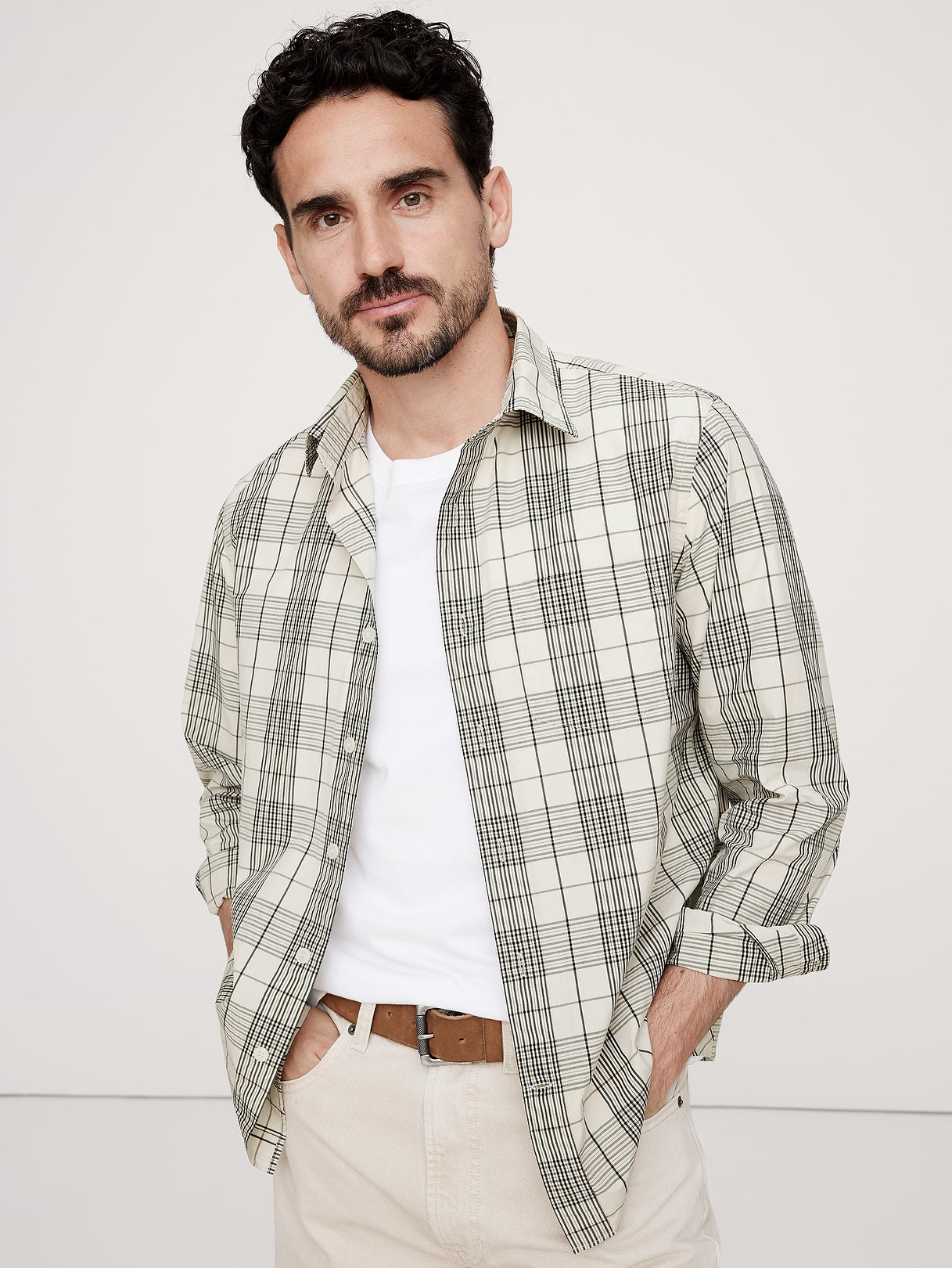 Standard-Fit Washed Cotton Poplin Shirt - Ivory Plaid