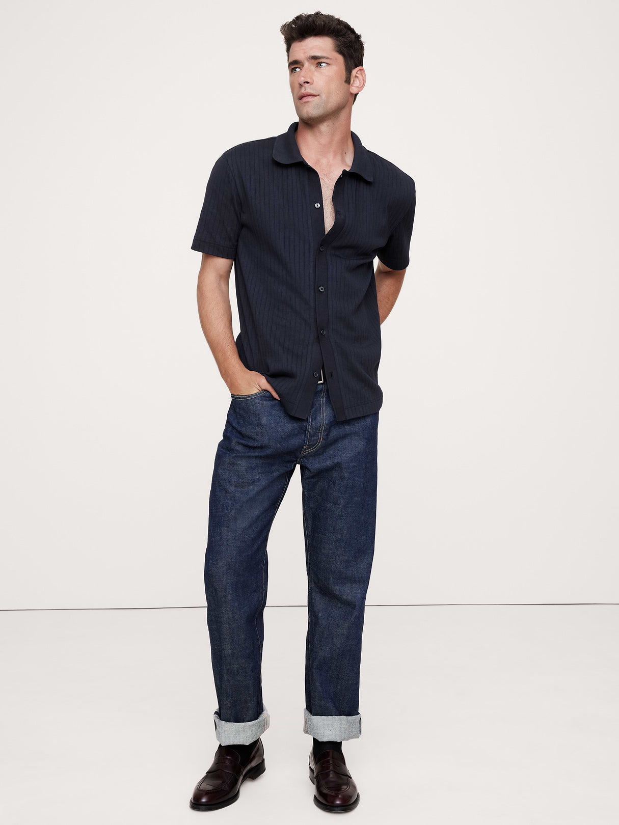 Ribbed Modal-Cotton Resort Shirt - Navy Blue