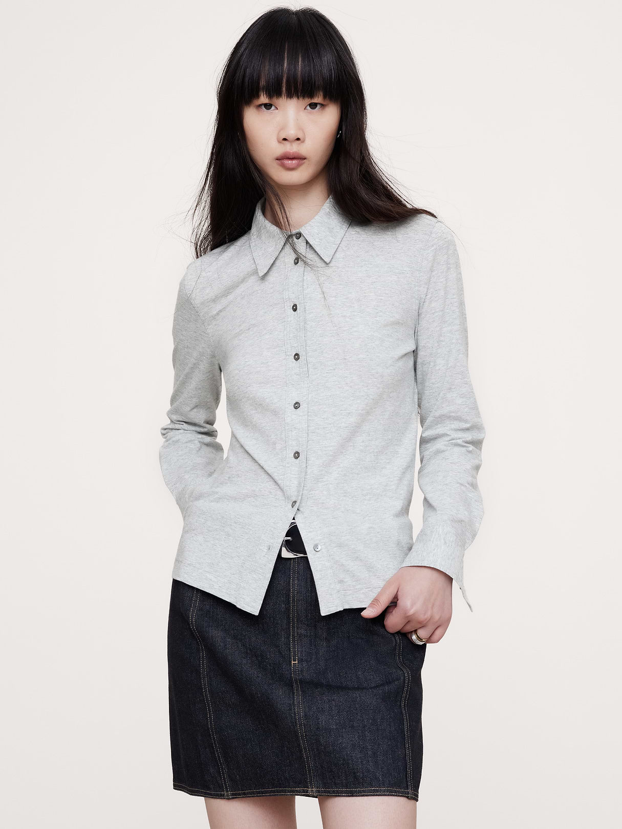 Silky Cotton Long-Sleeve Button-Down Shirt - Heather Gray
