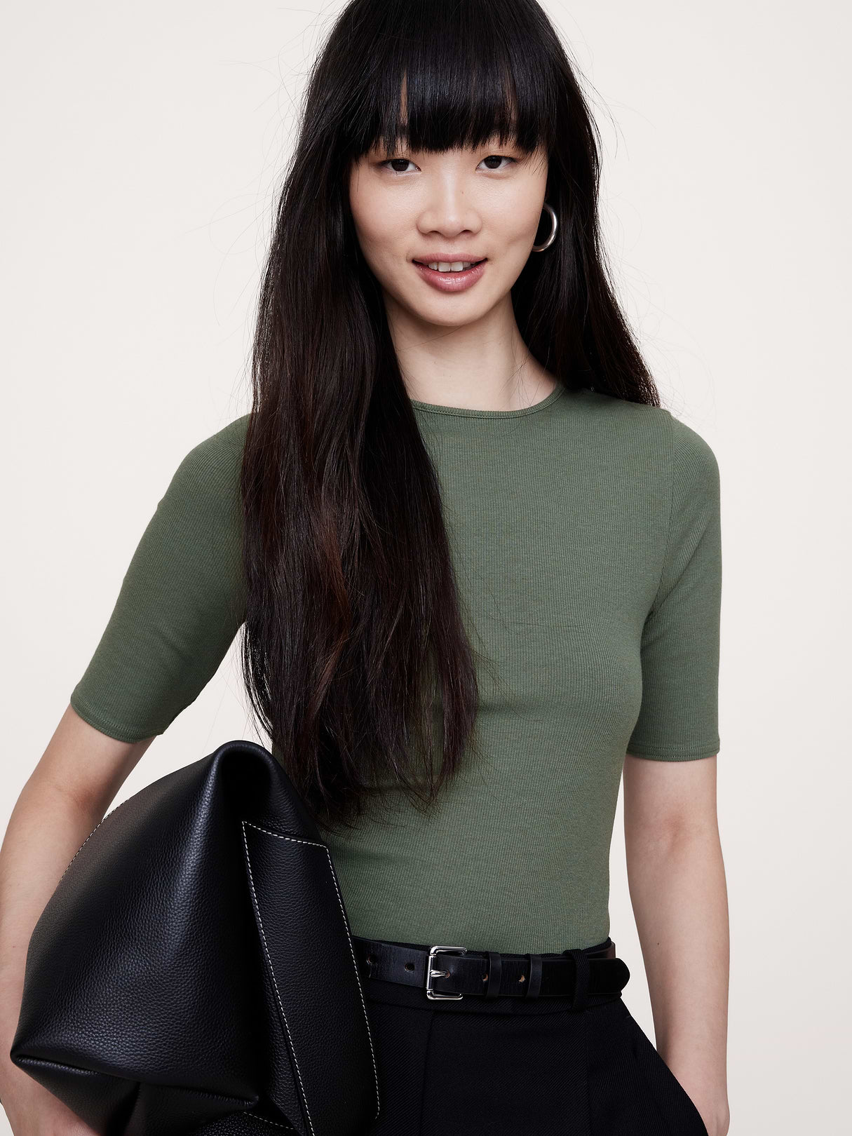 Ribbed Elbow-Sleeve T-Shirt - Green Nori