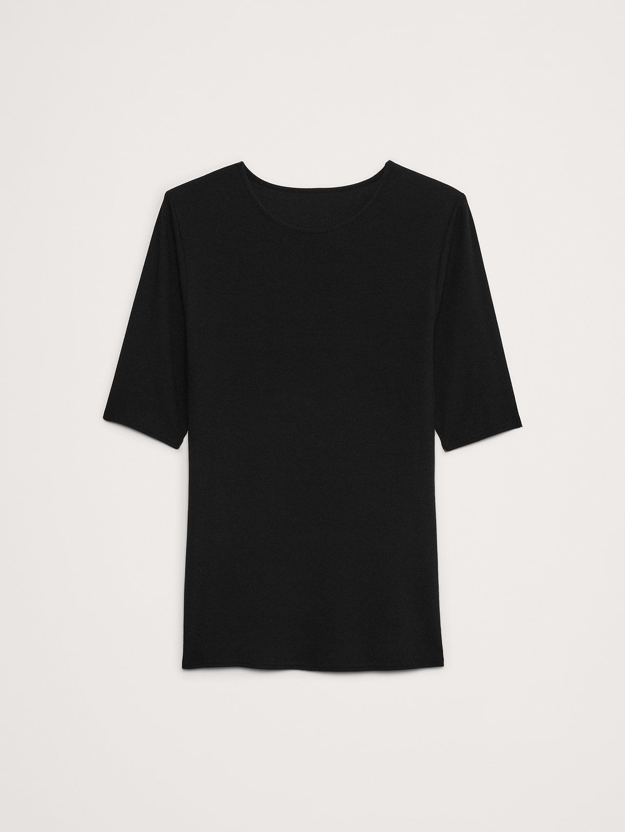 Ribbed Elbow-Sleeve T-Shirt - Black