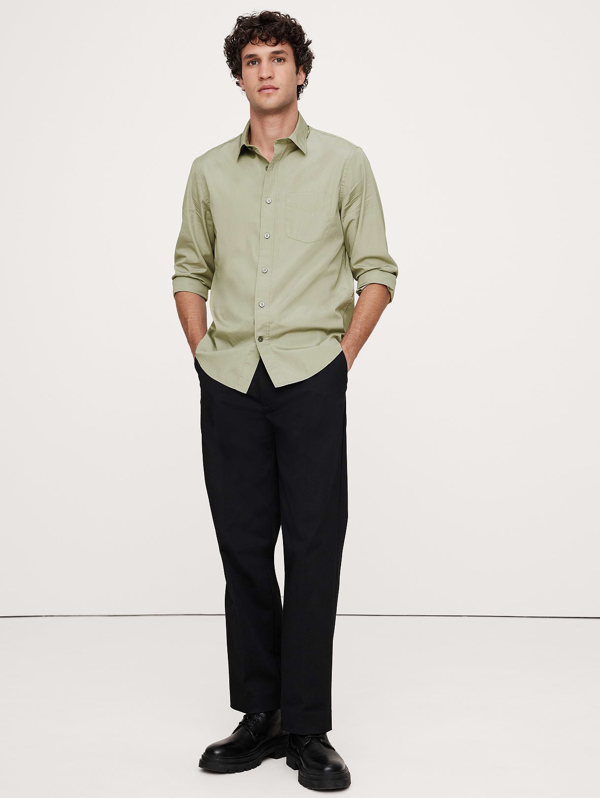 Standard-Fit Washed Cotton Poplin Shirt - Light Olive Green