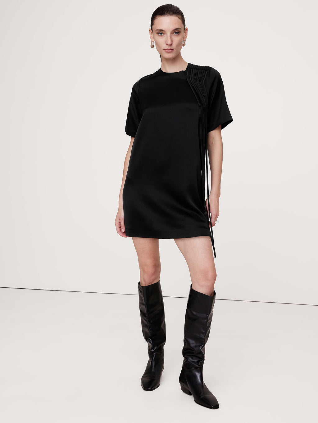 Satin Fringe Shift Dress - Black
