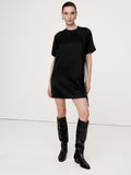 Satin Fringe Shift Dress - Black