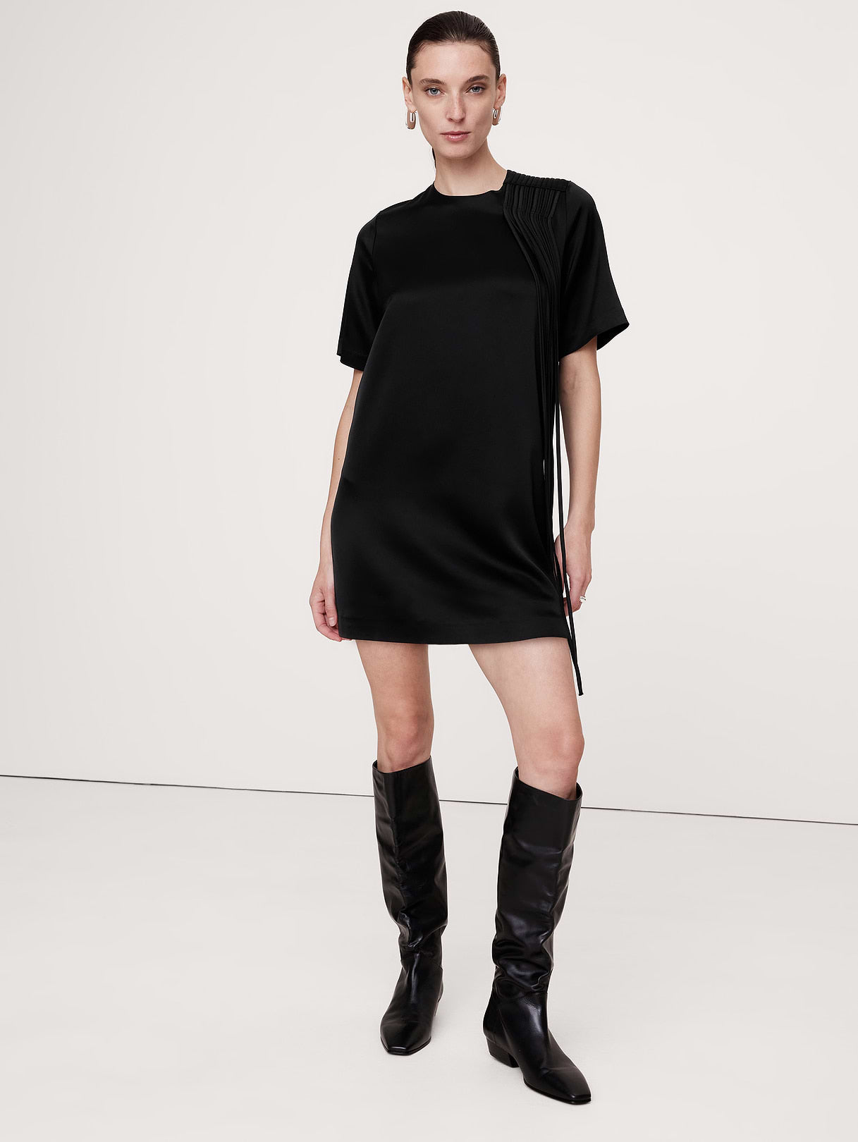 Satin Fringe Shift Dress - Black