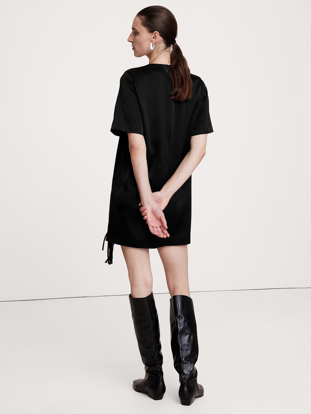 Satin Fringe Shift Dress - Black