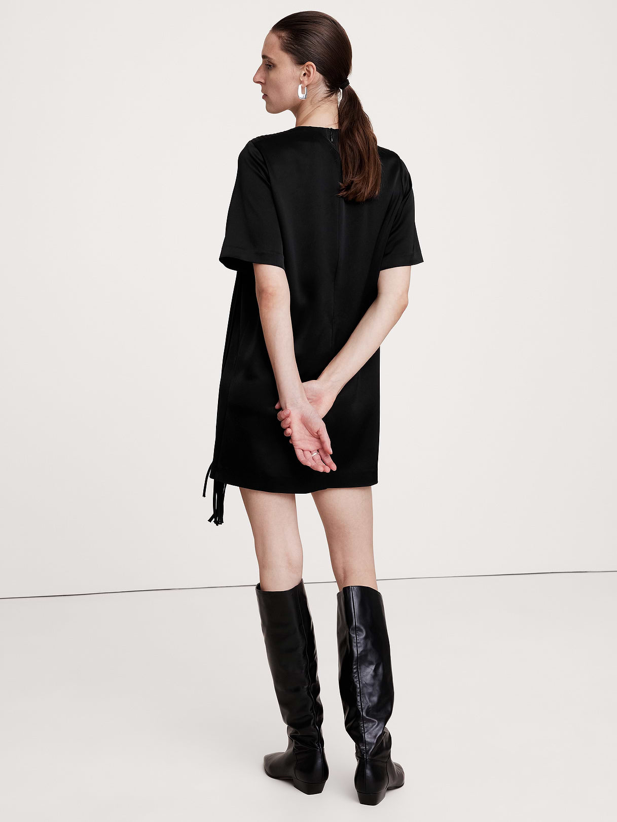 Satin Fringe Shift Dress - Black
