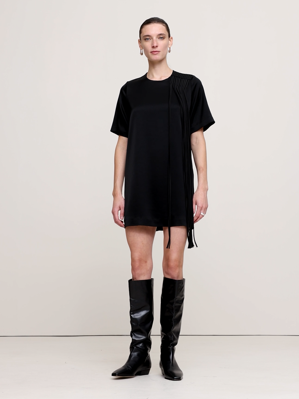 Satin Fringe Shift Dress - Black