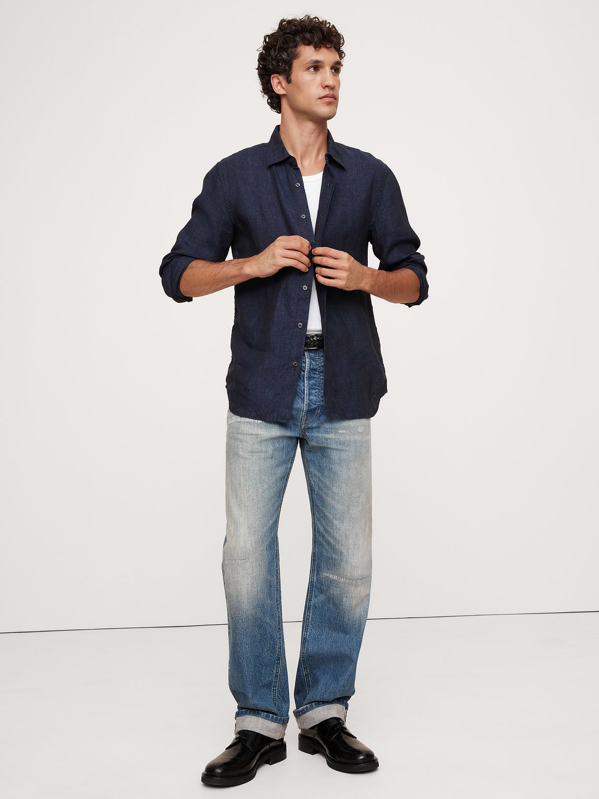Slim-Fit Linen Shirt - Navy Blue