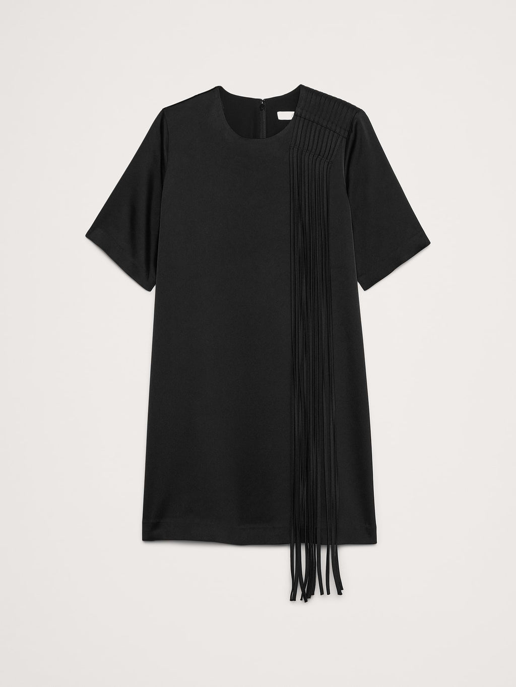 Satin Fringe Shift Dress - Black