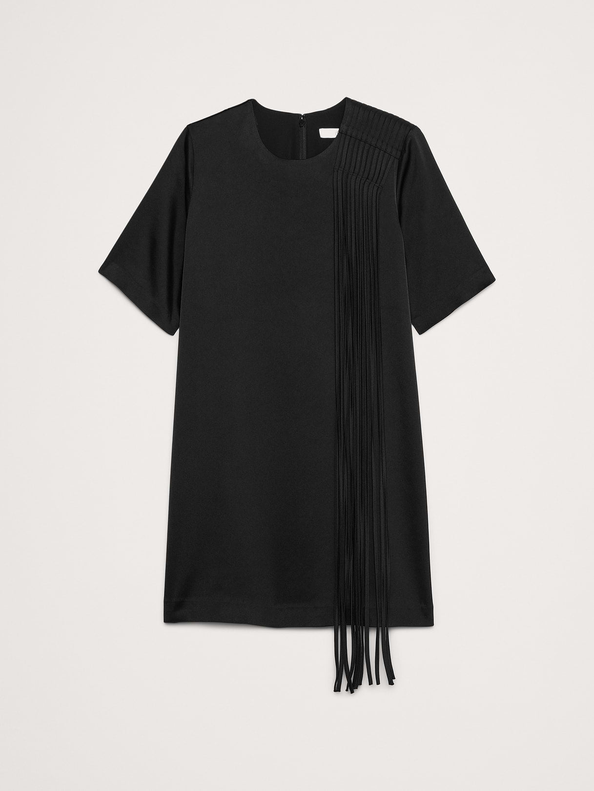 Satin Fringe Shift Dress - Black