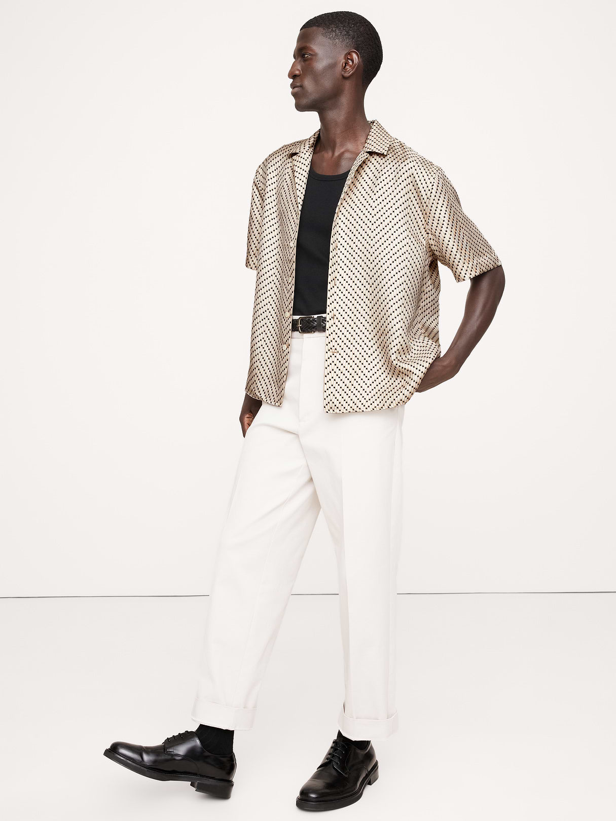 Standard-Fit Silk Resort Shirt - Khaki Beige Print