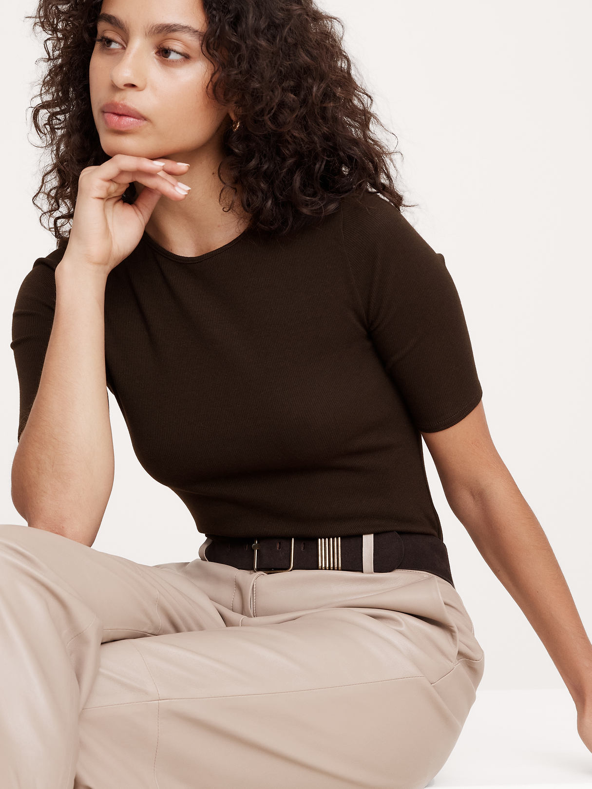 Ribbed Elbow-Sleeve T-Shirt - Chocolate Ganache Brown