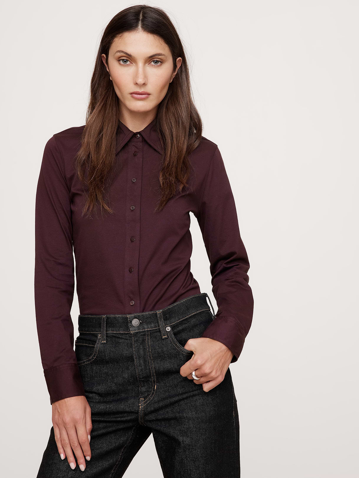 Silky Cotton Long-Sleeve Button-Down Shirt - Ruby Plum Purple