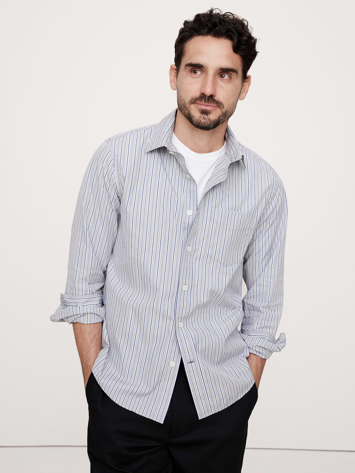 Standard-Fit Washed Cotton Poplin Shirt - Gray Stripe