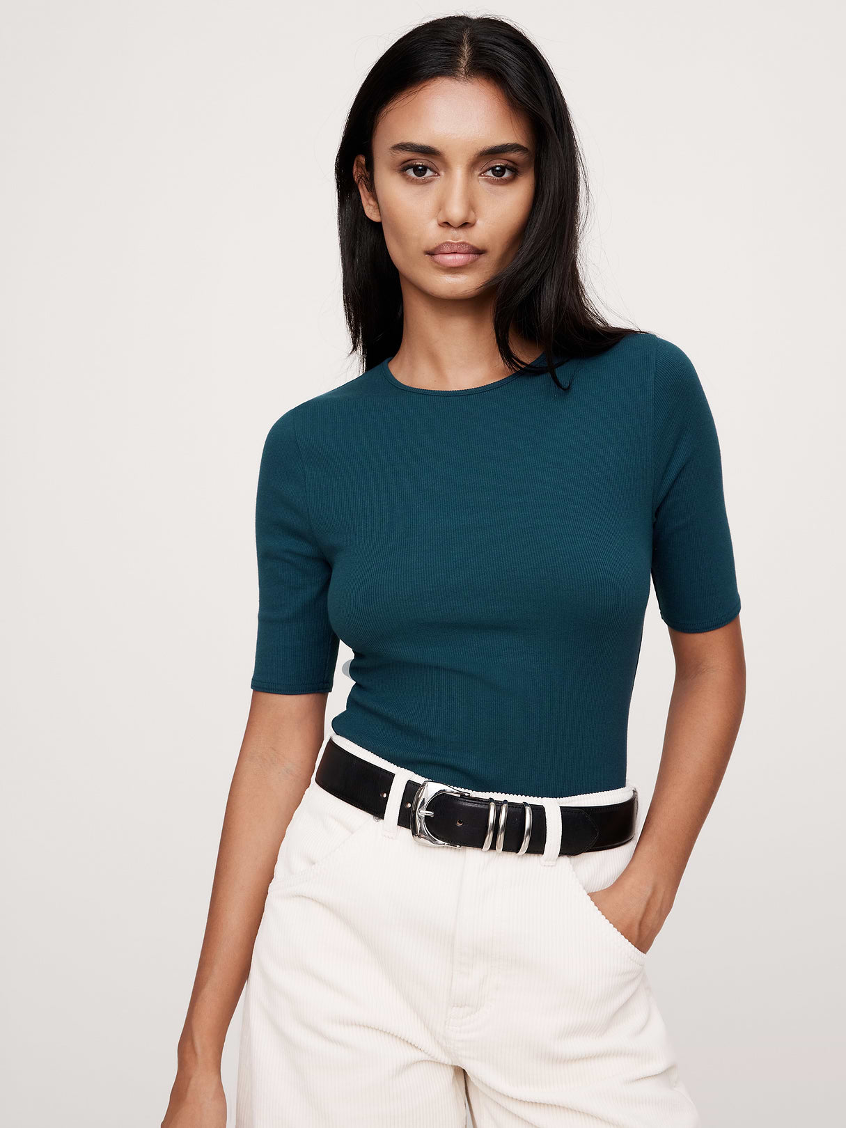 Ribbed Elbow-Sleeve T-Shirt - Obsidian Pool Blue