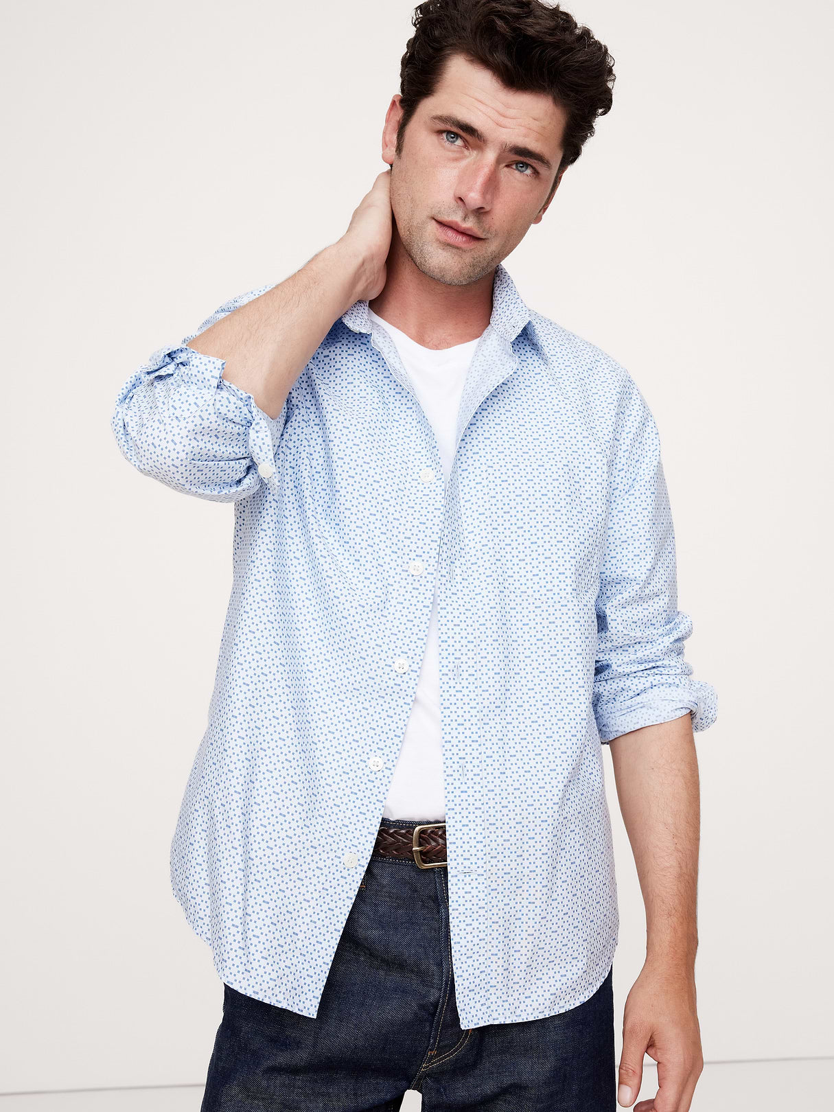 Standard-Fit Washed Cotton Poplin Shirt - Blue Mini Geo