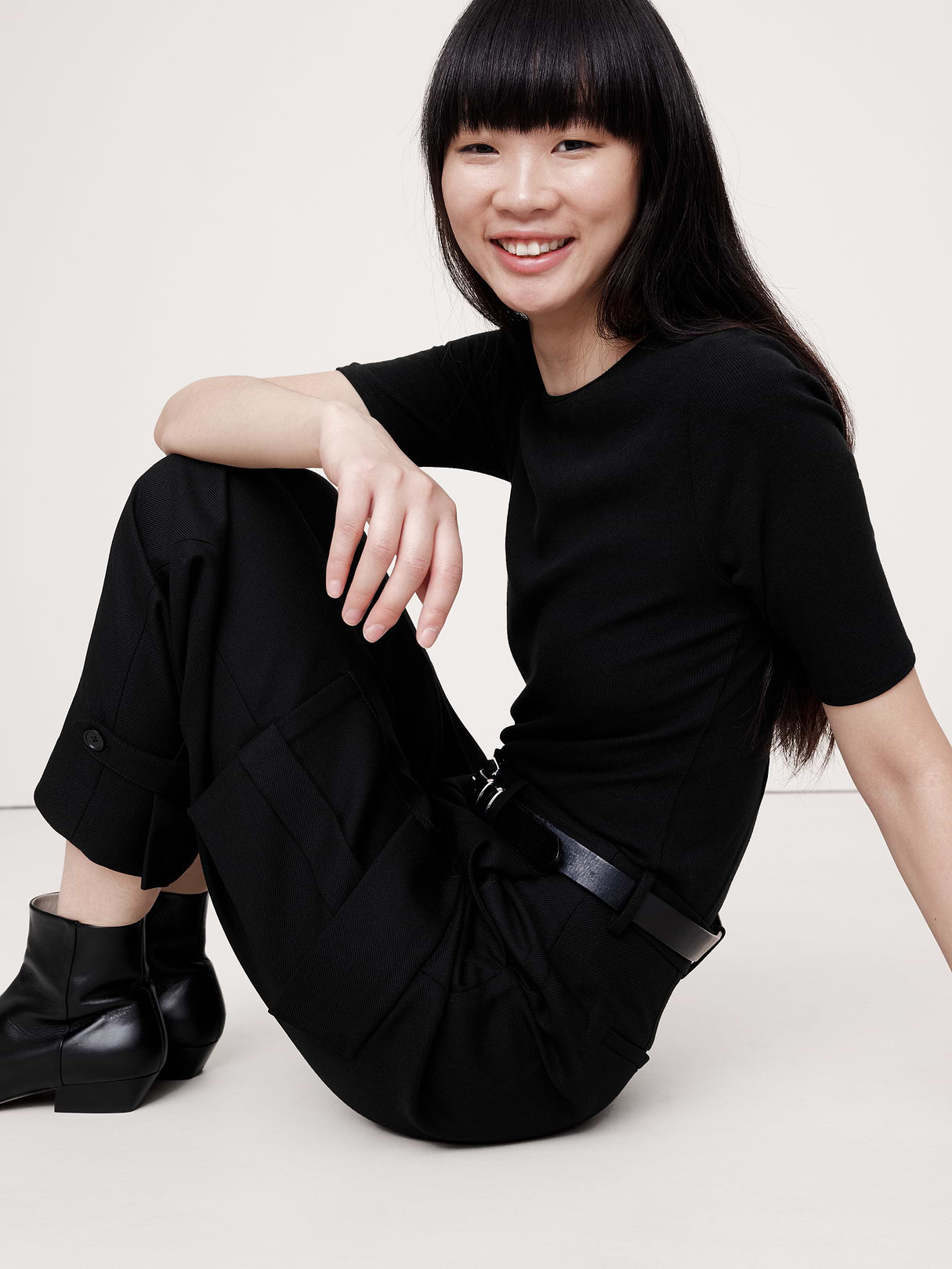 Ribbed Elbow-Sleeve T-Shirt - Black