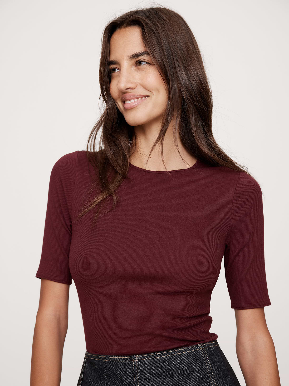 Ribbed Elbow-Sleeve T-Shirt - Red Cherry Jam