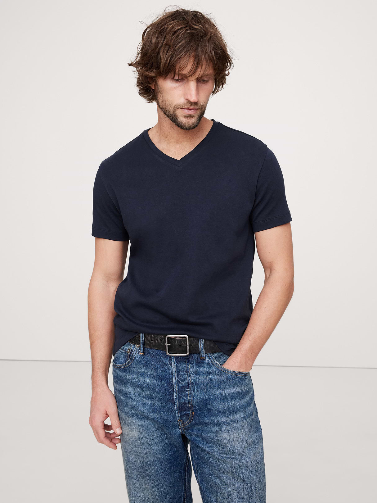 Luxury-Touch V-Neck T-Shirt - Navy Blue