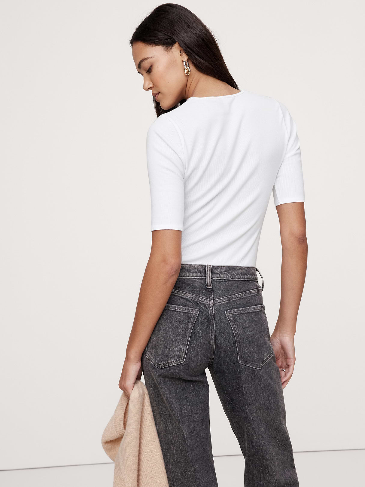 Ribbed Elbow-Sleeve T-Shirt - White