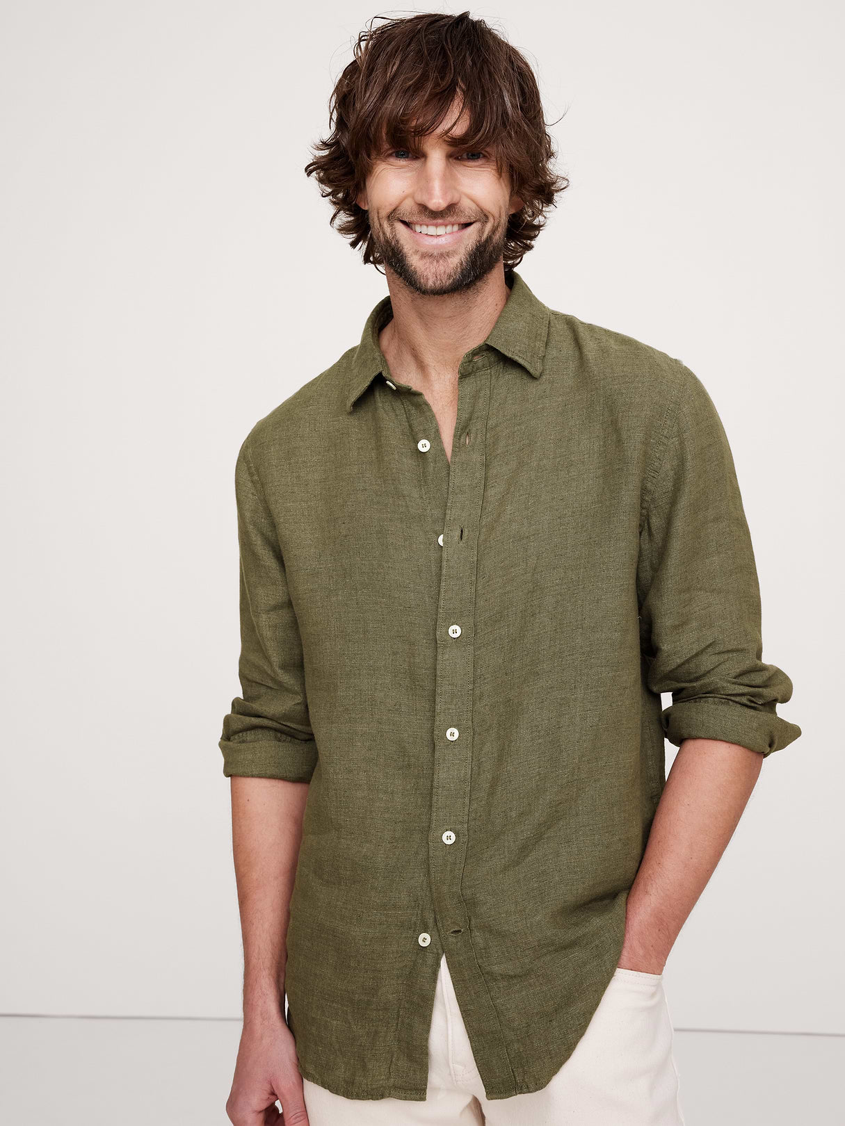 Slim-Fit Linen Shirt - Olive Green