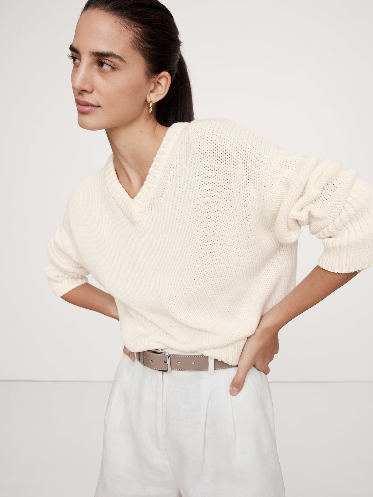 Cotton V-Neck Sweater - Iced Vanilla Ivory
