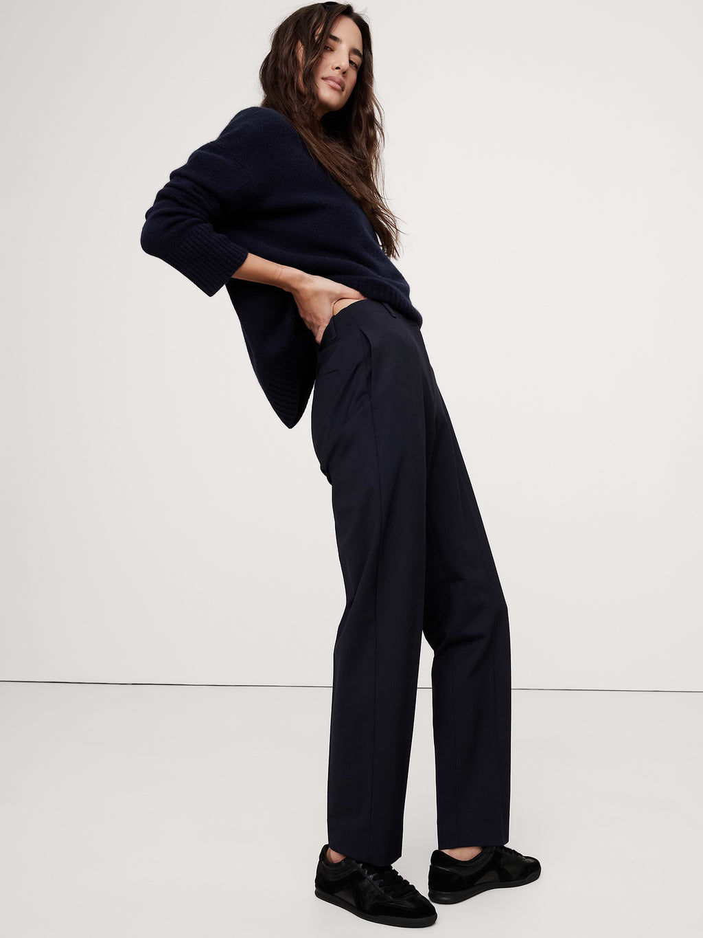 Ultra High-Rise Modern Slim Italian Lightweight Wool Ankle Pant - Navy Blue