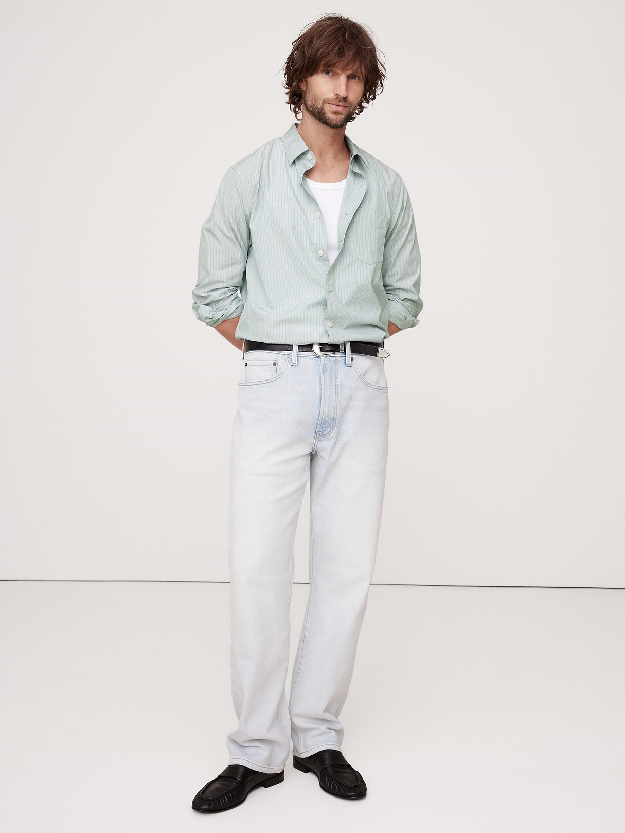 Standard-Fit Washed Cotton Poplin Shirt - Green Mini Stripe