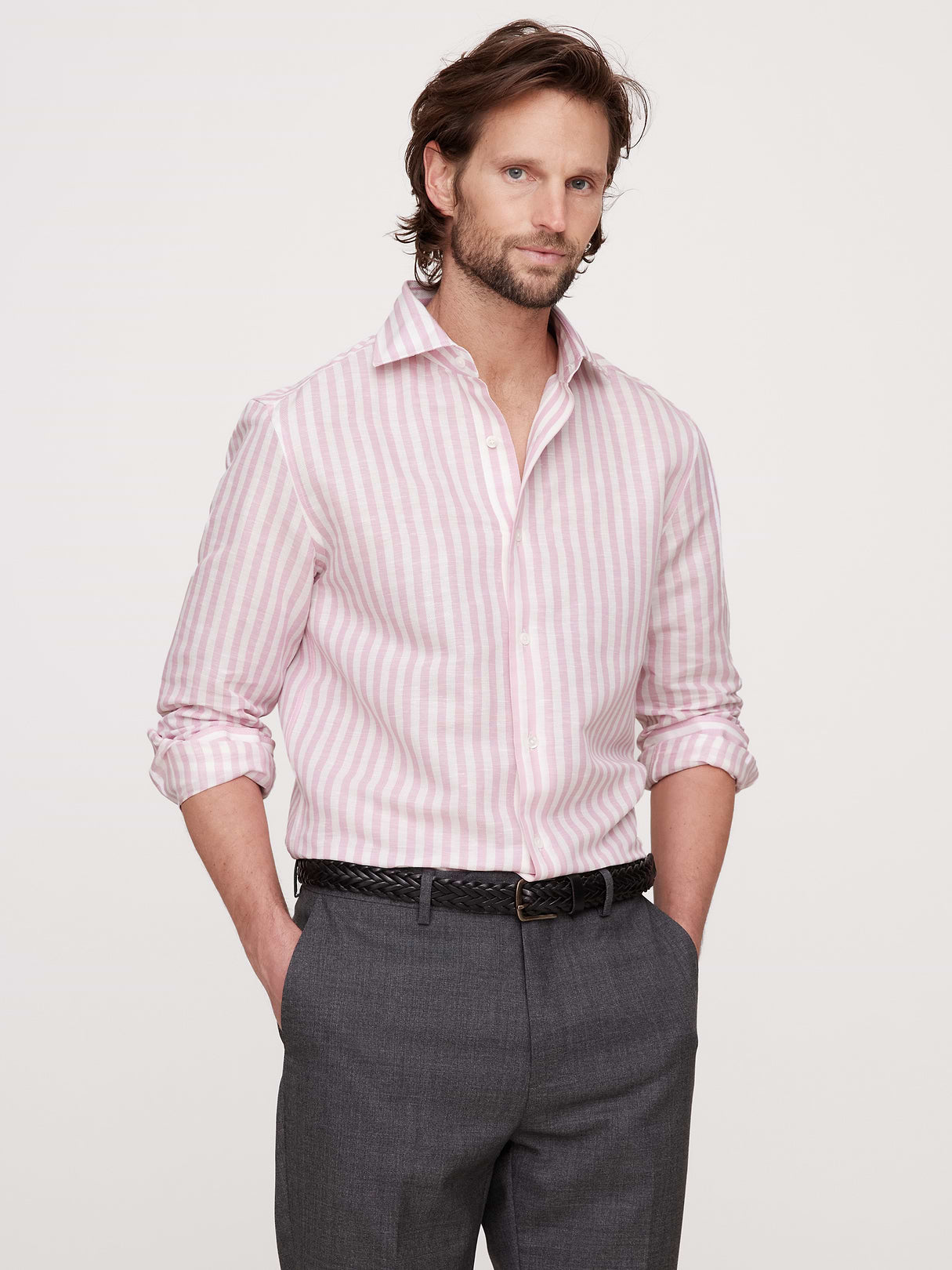 Slim-Fit Linen-Cotton Dress Shirt - Pink Stripe