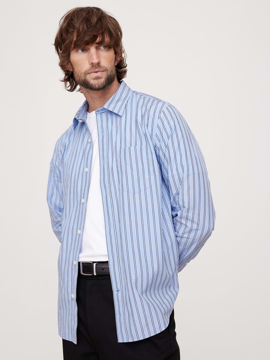 Standard-Fit Washed Cotton Poplin Shirt - Light Blue Stripe