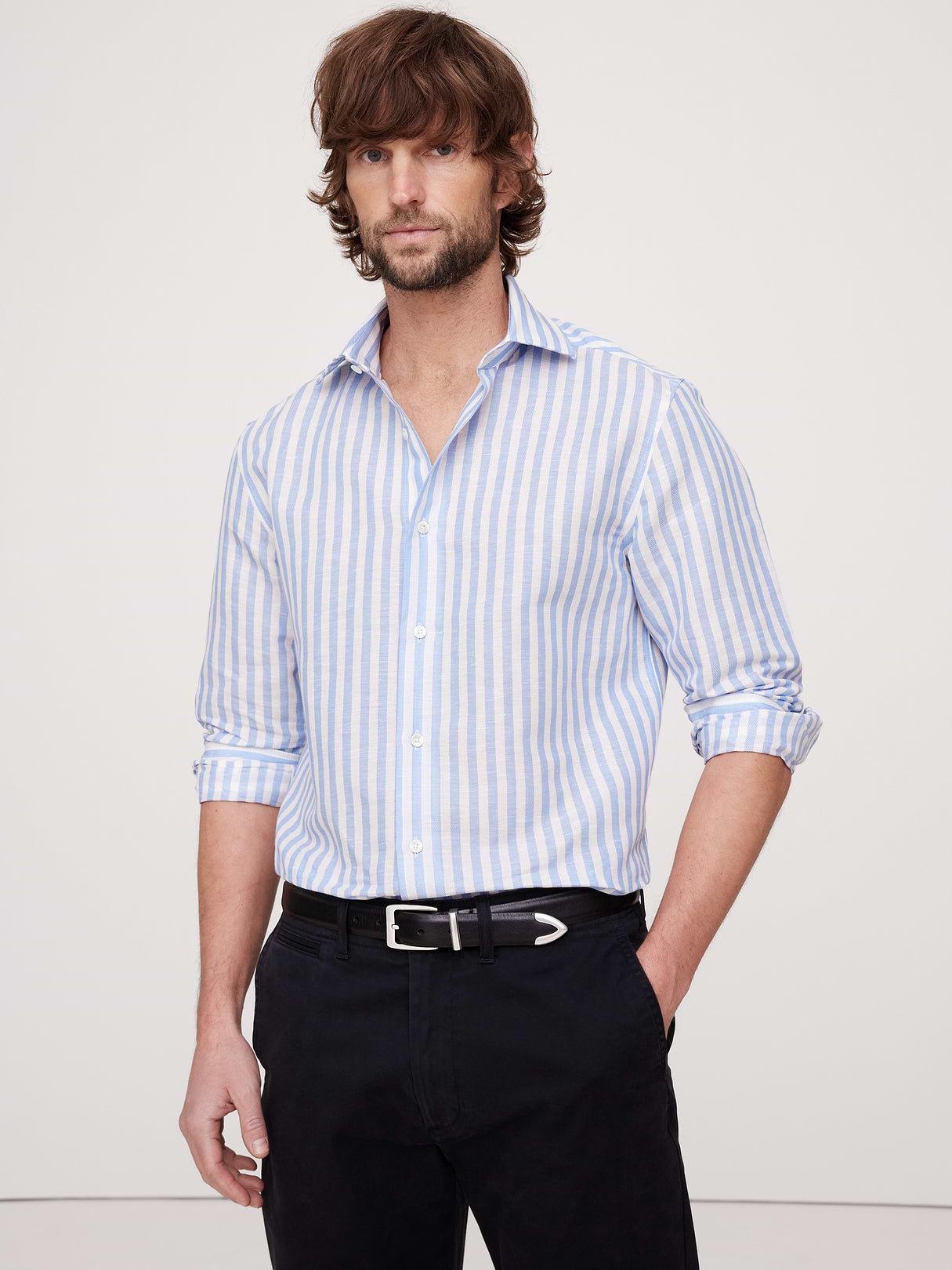 Slim-Fit Linen-Cotton Dress Shirt - Blue Stripe