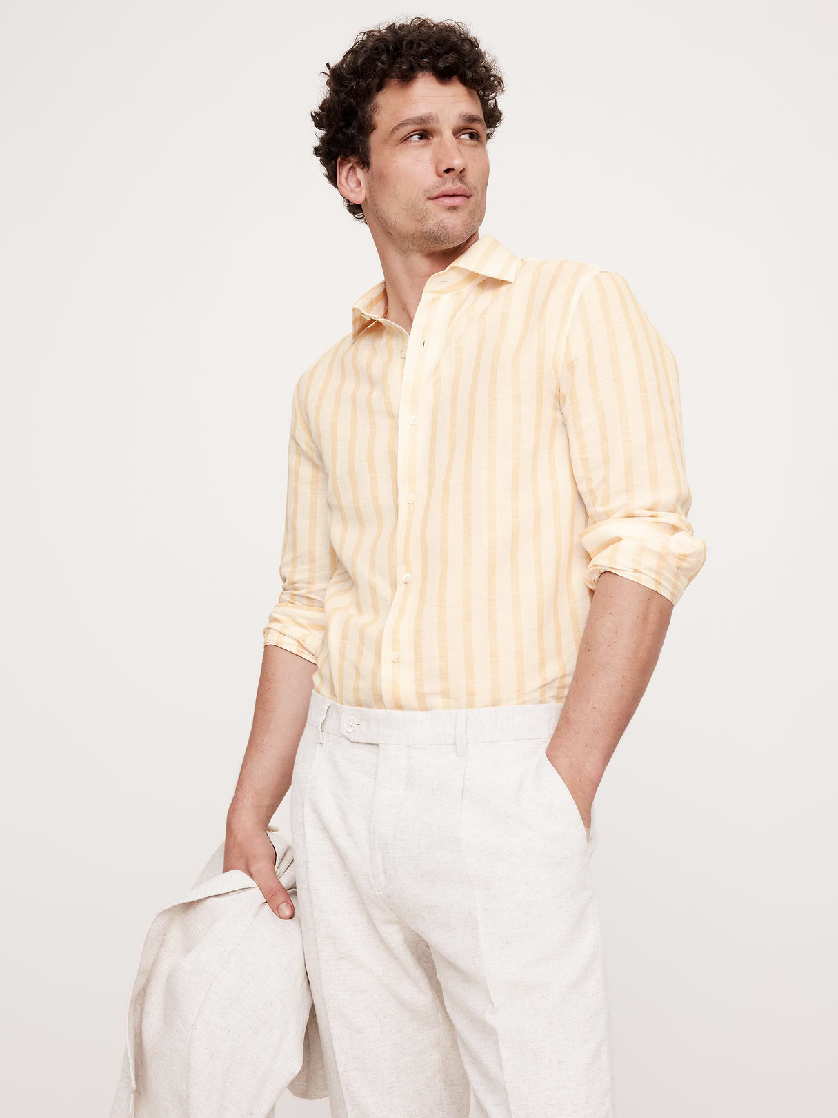 Slim-Fit Linen-Cotton Dress Shirt - Yellow Stripe