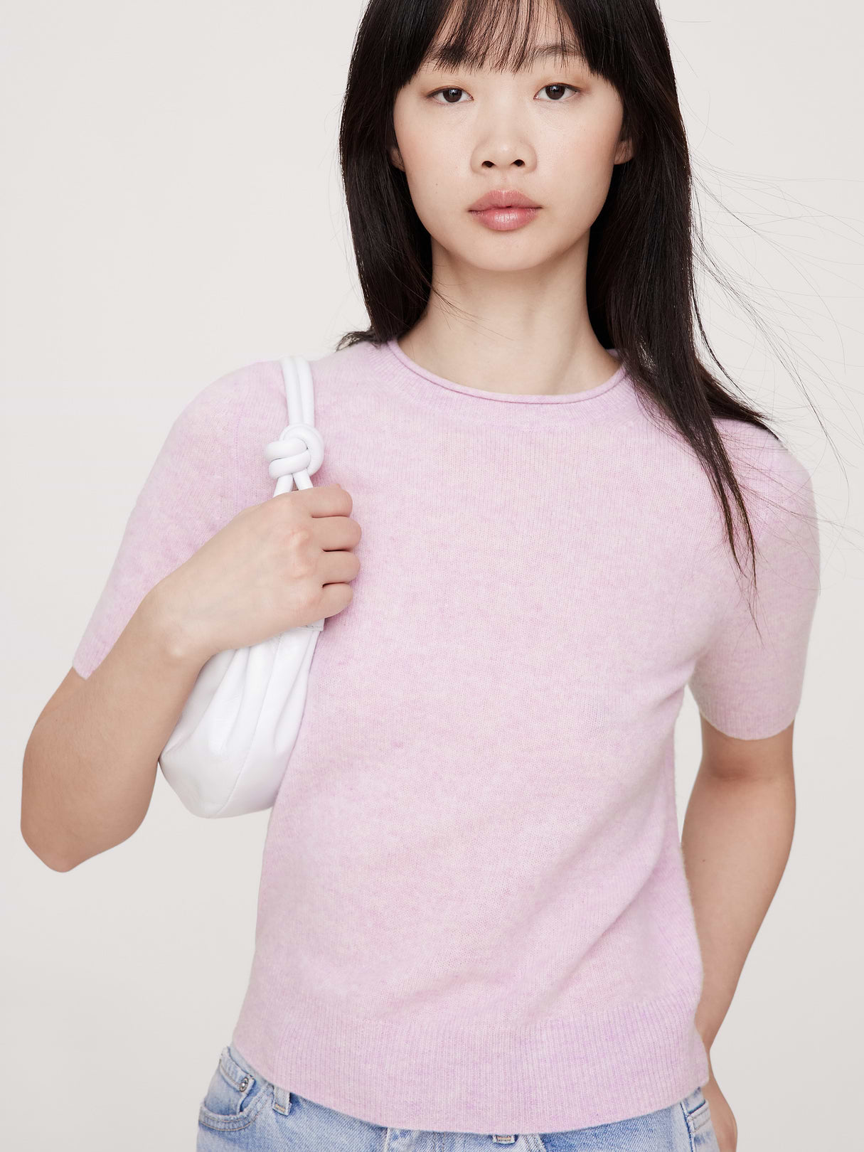 Lightweight Cashmere Short-Sleeve Sweater - Heather Lavender