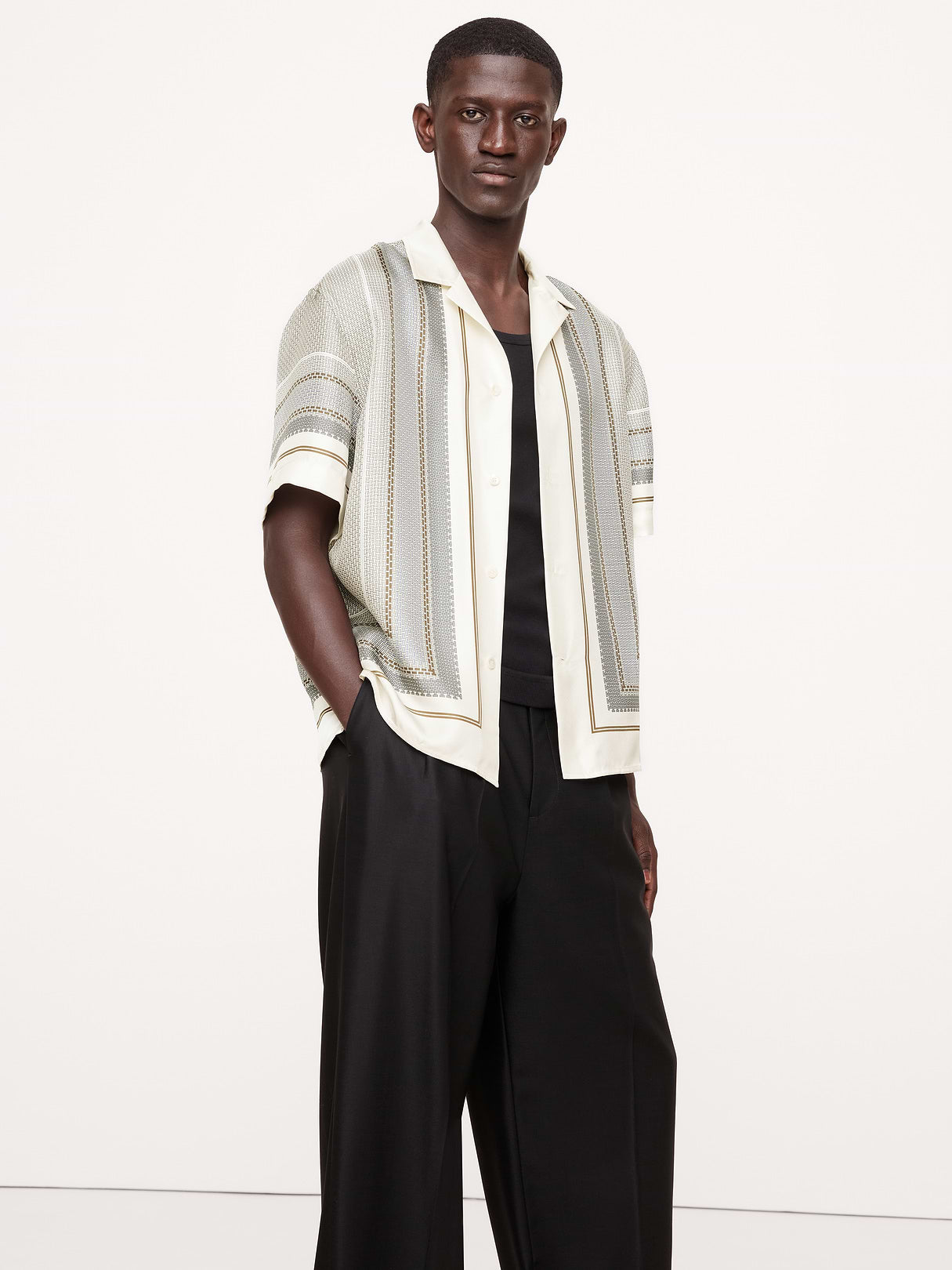Standard-Fit Silk Resort Shirt - Cream With Navy Blue Print