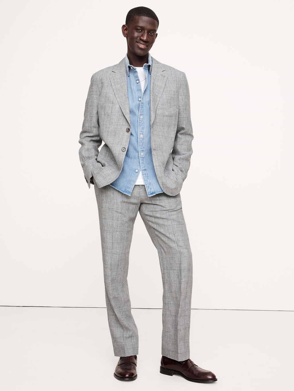Straight Plaid Linen Suit Pant - Gray Plaid